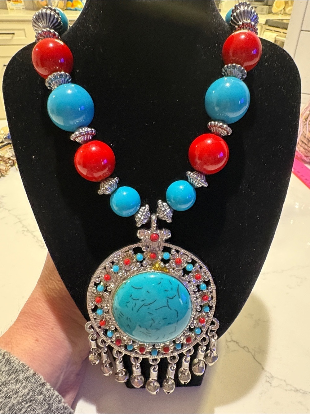 Turquoise & Red Beaded Statement Pendant Necklace